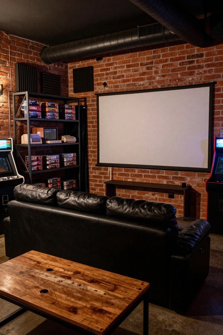 Dimly lit interior of a gaming room with exposed red brick walls, black metal shelving units holding board games and retro consoles, two arcade machines, a large white projector screen, black leather sectional sofa, wooden coffee table, and industrial ductwork overhead.