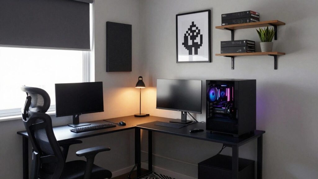 Corner of a room with black adjustable desk holding keyboard and mouse, black monitor screen off, RGB-lit PC tower next to it, mesh ergonomic chair, wall shelves with books and plant, acoustic foam panels, and framed pixel art portrait.