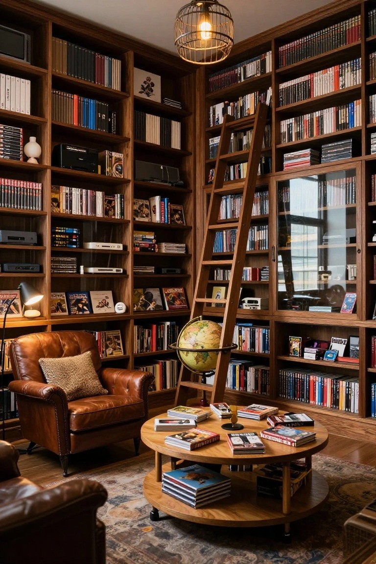 Floor-to-Ceiling Bookshelves with Library Ladder
