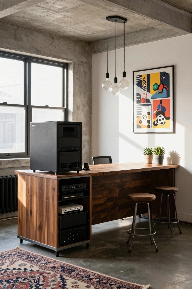 Industrial-style interior room with a walnut desk topped by a tall black PC tower and shelving below holding audio equipment, flanked by two stools, potted succulents, a colorful abstract wall art, pendant lights, large windows, and a concrete floor with a patterned rug.