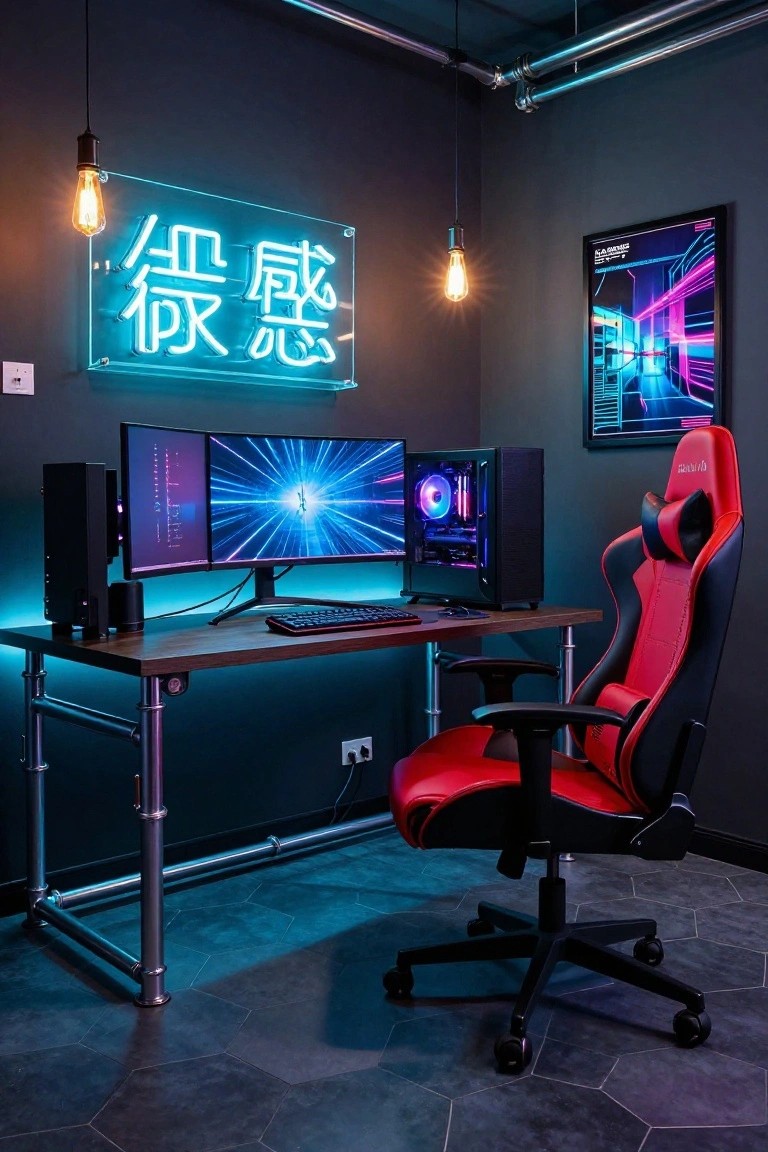 A gaming room setup with a wooden desk on black metal pipe legs, dual curved monitors, RGB-lit PC tower, red racing chair, neon Chinese sign on the wall, and cyberpunk poster in a dark industrial-style space.