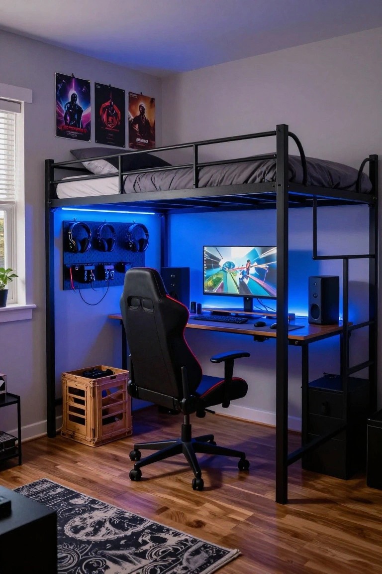 A small bedroom with a black metal loft bed above a wooden desk gaming setup including a red gaming chair, curved monitor displaying a racing game, speakers, multiple headsets on a wall rack, and blue LED lighting.