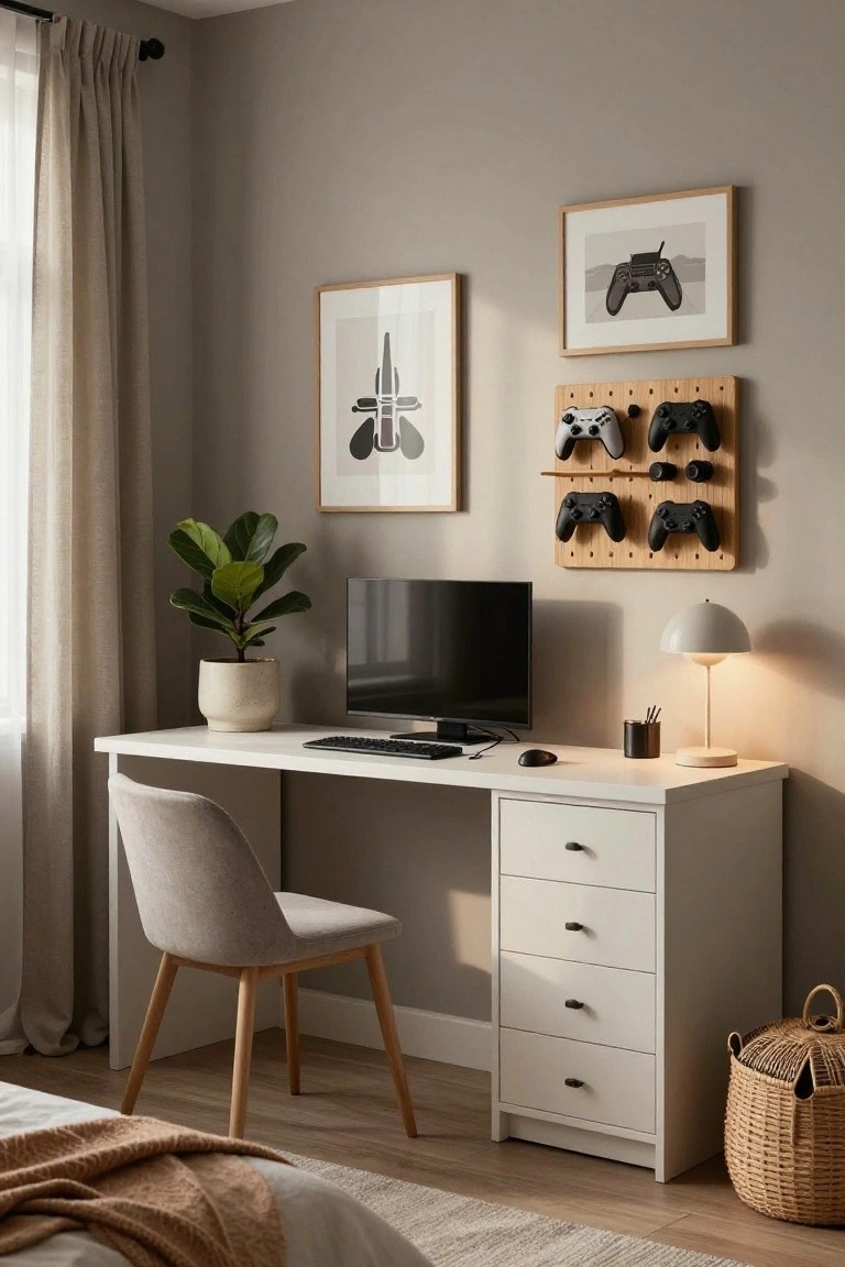 Modern gray bedroom with white desk, monitor, keyboard, mouse, desk lamp, potted plant, wooden pegboard wall holding multiple PlayStation and Xbox controllers, two framed artworks, beige chair, and bed with throw in corner.