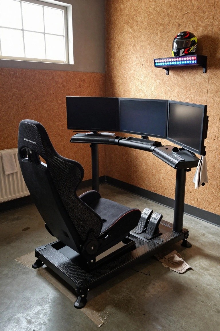 Indoor gaming room with a black racing simulator cockpit chair on a motion platform, triple black monitors on a curved desk, foot pedals, wooden shiplap walls, and a displayed racing helmet on a shelf.