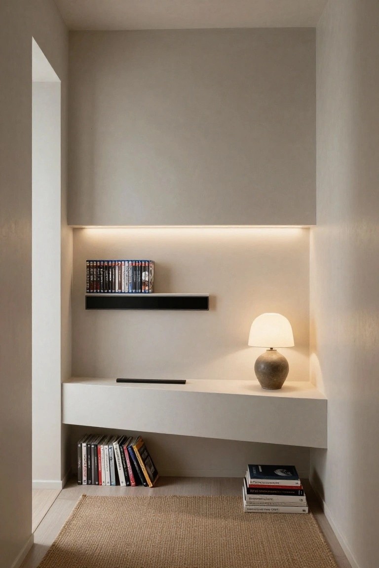 Recessed beige wall niche with upper shelves holding stacked DVDs and books, black horizontal shelf, LED strip lighting, white mushroom lamp on floating white desk ledge below, additional books stacked on floor beside beige seagrass rug.