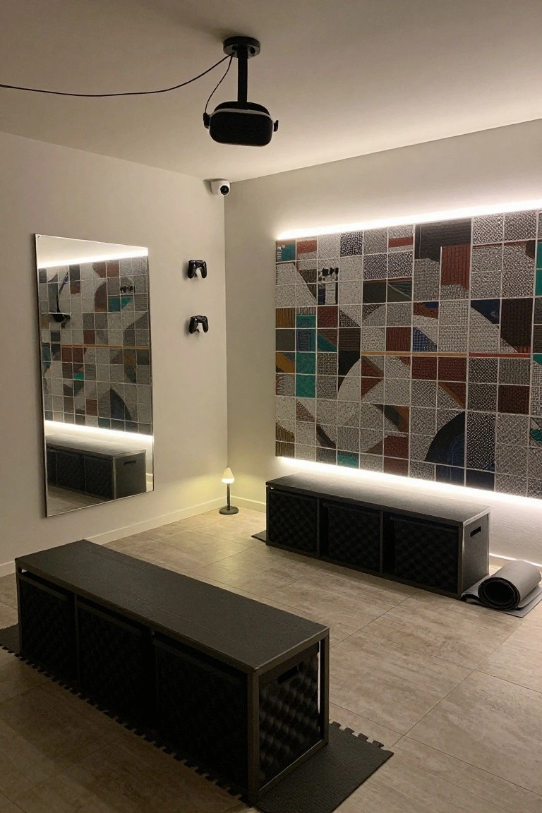 Modern gaming room interior featuring a ceiling-mounted VR headset projector, wall-mounted Nintendo GameCube controllers, a large mirror, mosaic tiled wall with LED lighting, black modular benches, and a rolled yoga mat on a tiled floor.