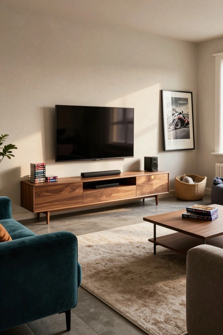 Modern living room with large wall-mounted black TV above low walnut credenza holding soundbar, small black speaker on wall, emerald green velvet sofa, wooden coffee table with books, light rug, woven basket, and potted plant.