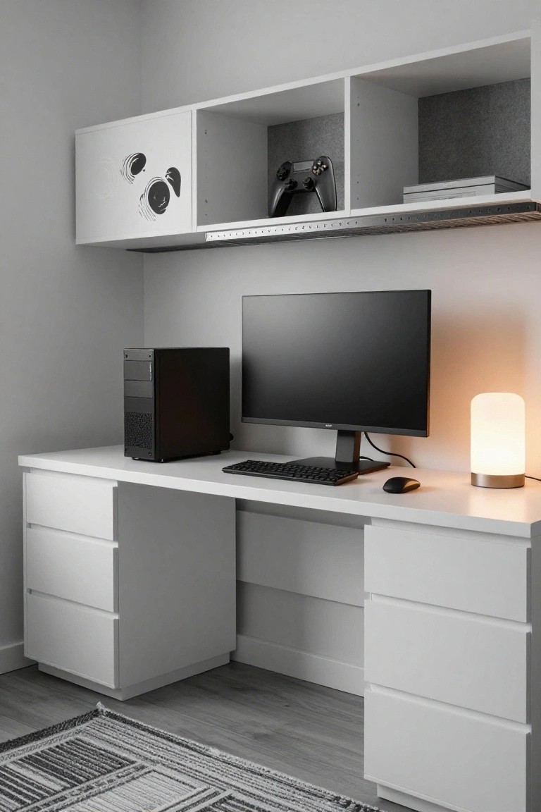 A corner white desk with black PC tower on the left, black monitor and keyboard in the center, mouse, and tall white lamp on the right, plus overhead white shelving holding a game controller and books in a light gray room with wood floor and rug.