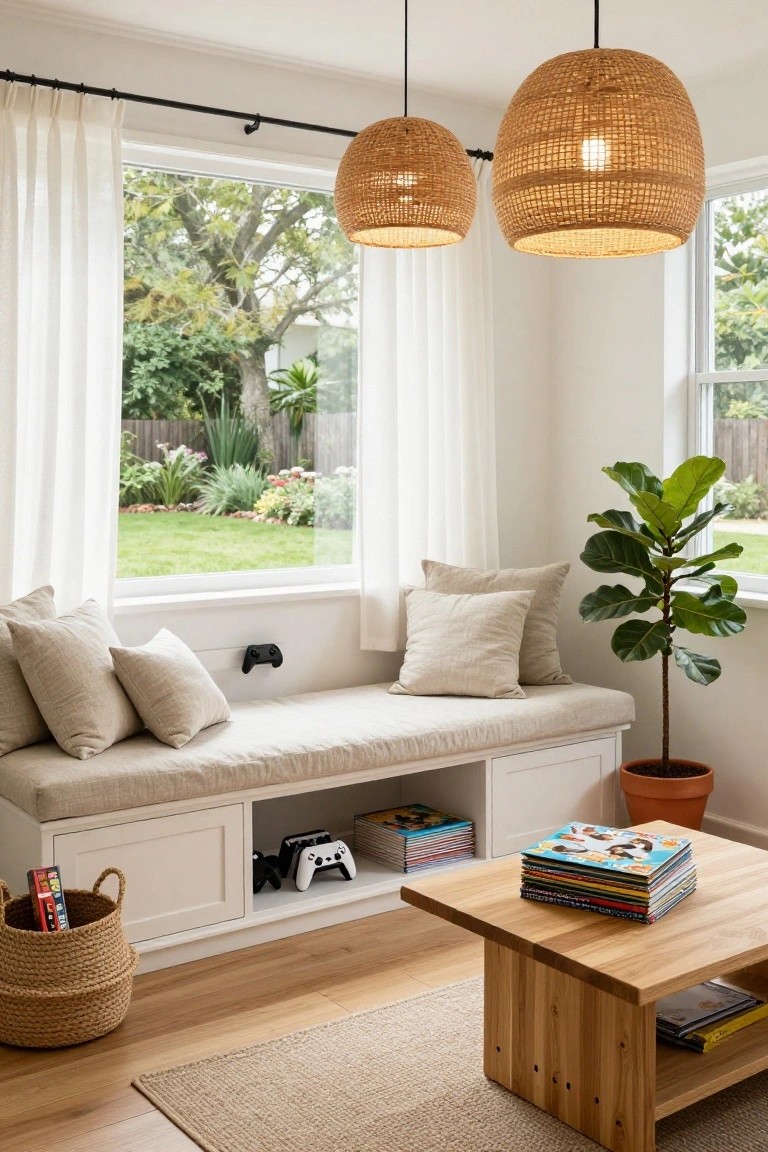 Bright white window bench with beige cushions and built-in lower cabinets storing black gaming controllers and white console, next to a potted fiddle leaf fig plant, under woven pendant lights, with a wooden coffee table holding stacked books nearby and sheer curtains framing a garden view.