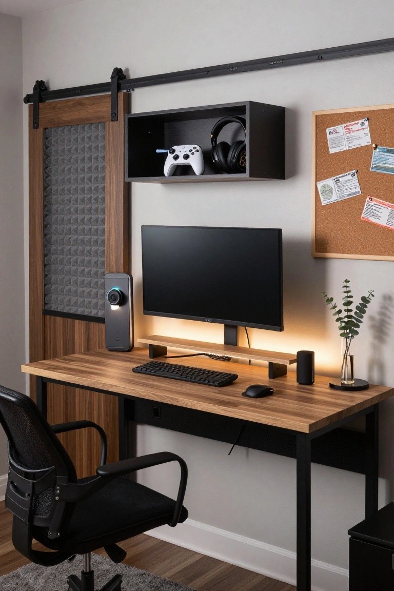 A modern interior gaming room setup with a wooden-top desk on black metal frame, black monitor on a wood shelf riser, mechanical keyboard, mouse, mesh office chair, wall-mounted shelf holding Xbox controller and headphones, sliding barn door, and corkboard with pinned notes.