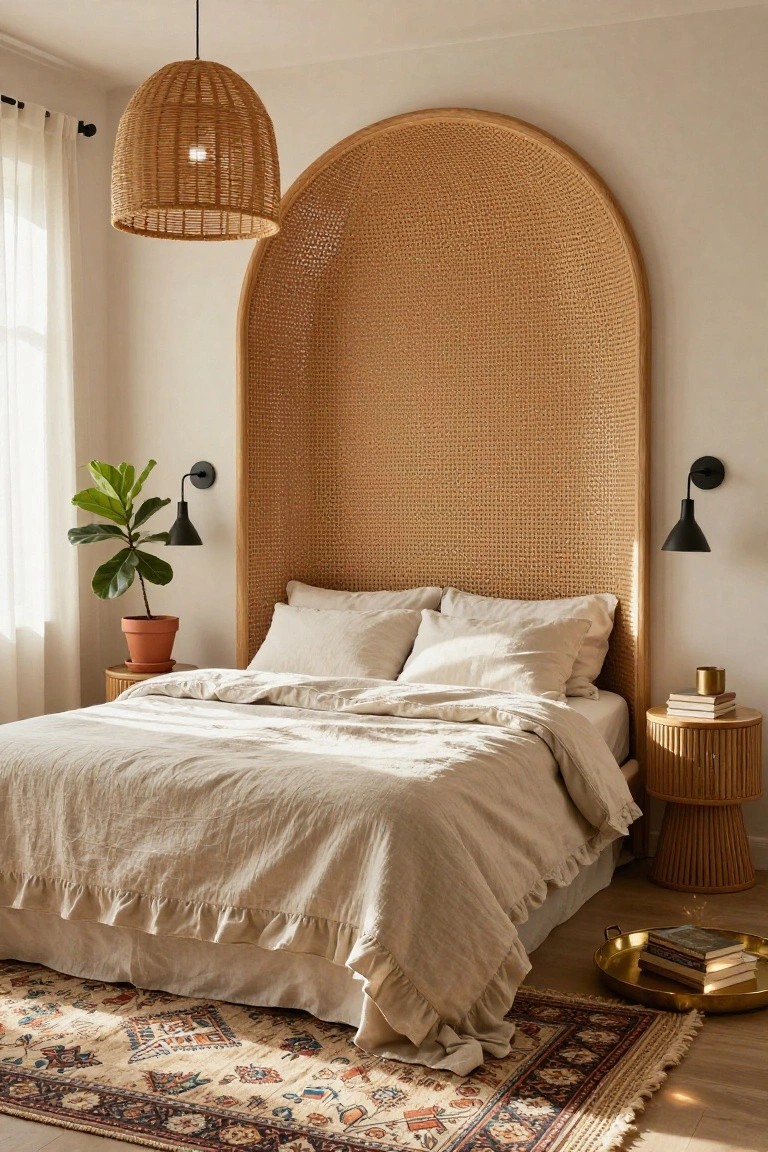 Bedroom with a tall arched wicker headboard behind a bed dressed in white linens, black wall sconces on both sides, rattan nightstands, a woven pendant light overhead, potted plant, and Persian-style rug on the floor.