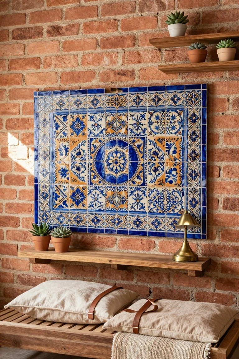 Exposed brick interior wall with a large rectangular blue, white, and yellow patterned tile panel artwork mounted on it, wooden shelves holding potted succulents and a brass lamp, and a wooden slatted bench with beige linen pillows and a throw at the base.