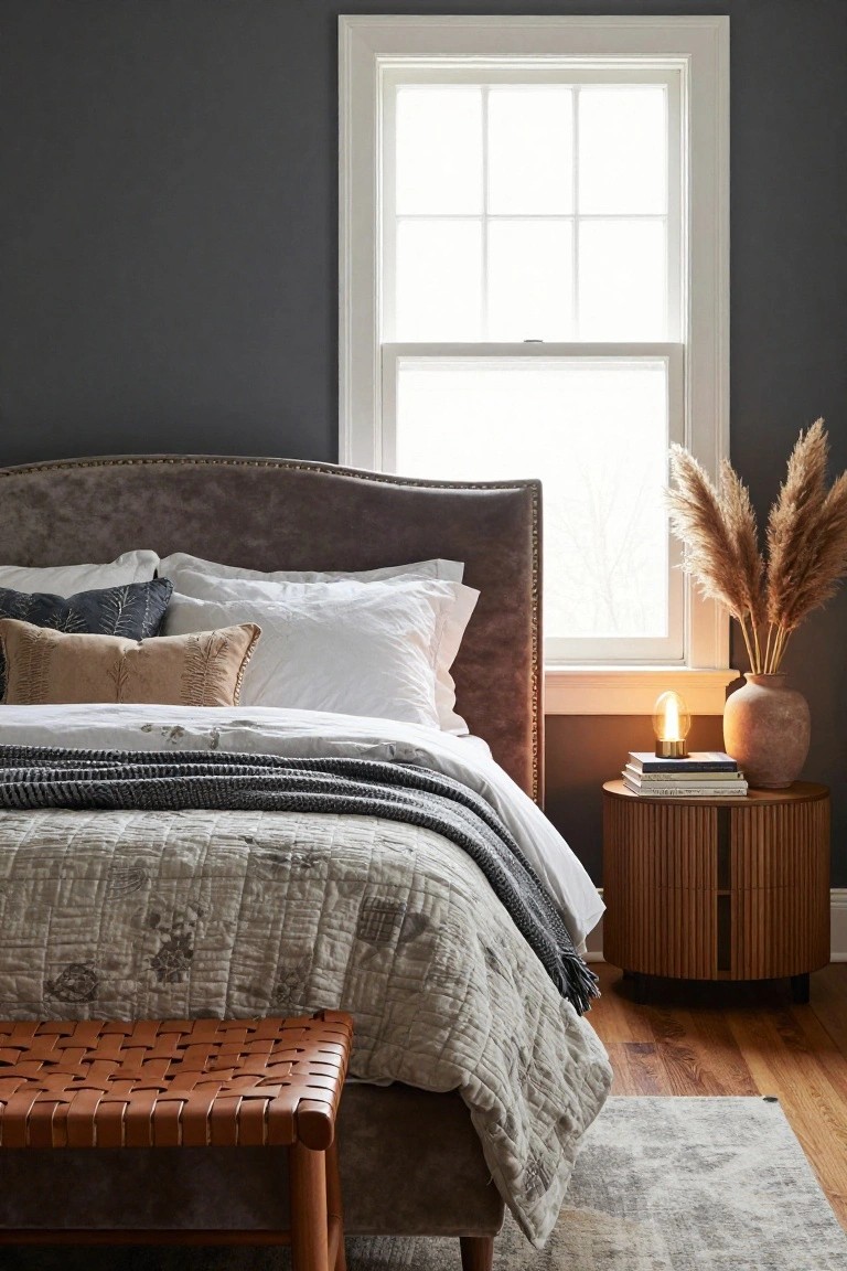 Bedroom with dark gray tufted upholstered headboard on bed covered in white sheets, tan pillows, and gray quilt, wooden nightstand with lit lamp, stacked books, and tall pampas grass in terracotta vase next to window with natural light, hardwood floor, and leather bench at bed foot.