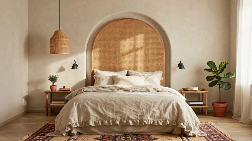 19 Unique Boho Headboard Bedroom Ideas That Steal the Spotlight Bedroom with a tall arched wicker headboard behind a bed dressed in white linens, black wall sconces on both sides, rattan nightstands, a woven pendant light overhead, potted plant, and Persian-style rug on the floor.