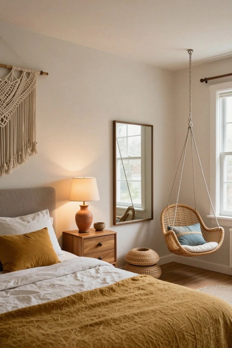 A cozy bedroom with a gray upholstered headboard on a wooden bed, white and mustard pillows, wooden nightstand holding a terracotta lamp and small bowl, tall mirror, macrame wall hanging, hanging rattan swing chair with blue pillow by the window, and beige walls with hardwood floors.