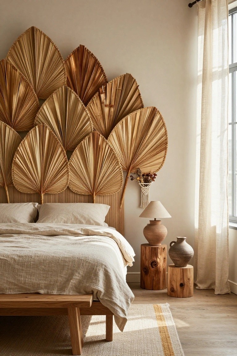 Bedroom with headboard made from overlapping tan and brown palm fronds, beige linen bed, wooden stools holding terracotta pots, lamp on side table, and sheer curtains at window.