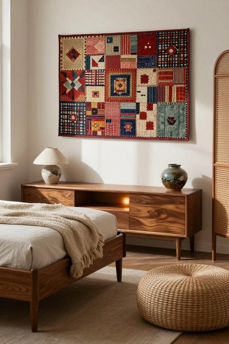 A bedroom with a large colorful patchwork quilt hung on the white wall above a low wooden bed draped in a white throw and cream blanket, next to a wooden dresser holding a lamp and vase, a rattan screen, and a woven pouf on the floor.