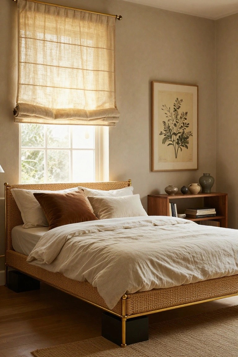 Bedroom with low platform bed featuring woven rattan headboard and brass frame, white linen bedding, pillows in cream and rust, wooden nightstand holding books and pottery vases, beside window with rolled linen shade and botanical print on wall.