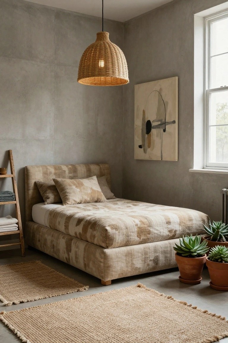 Bedroom corner with low beige striped upholstered headboard on platform bed, rattan pendant light, abstract wall art, wooden ladder shelf with linens, potted succulents, and seagrass rugs on concrete walls and floor.