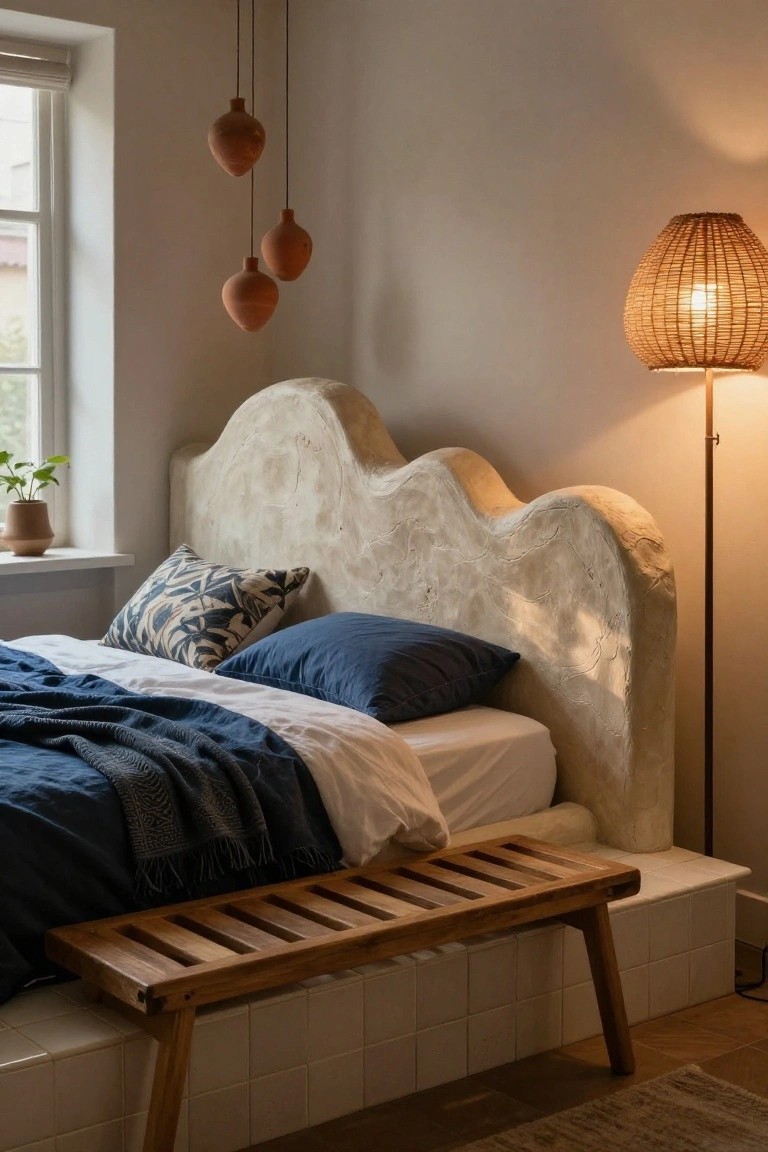 Bedroom interior featuring a tall wavy sculpted cream headboard behind a bed with navy pillows and sheets, a wooden slat bench at the foot, terracotta pendant lights, rattan floor lamp, and potted plant by the window.