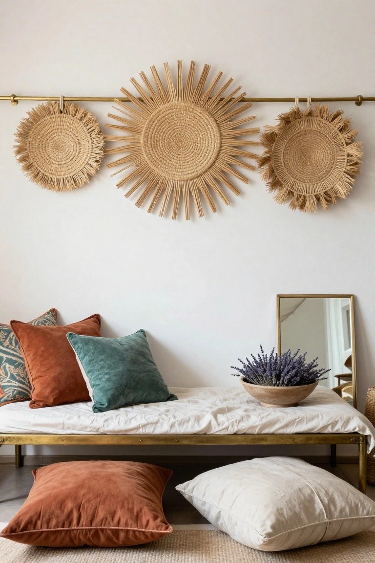 Three beige woven rattan wall hangings, two fringed rounds and one large sunburst, mounted on a brass rod above a low white upholstered bed with rust, teal, and cream pillows, a wooden bowl of lavender, gold-framed mirror, and floor cushions on a rug in a white room.