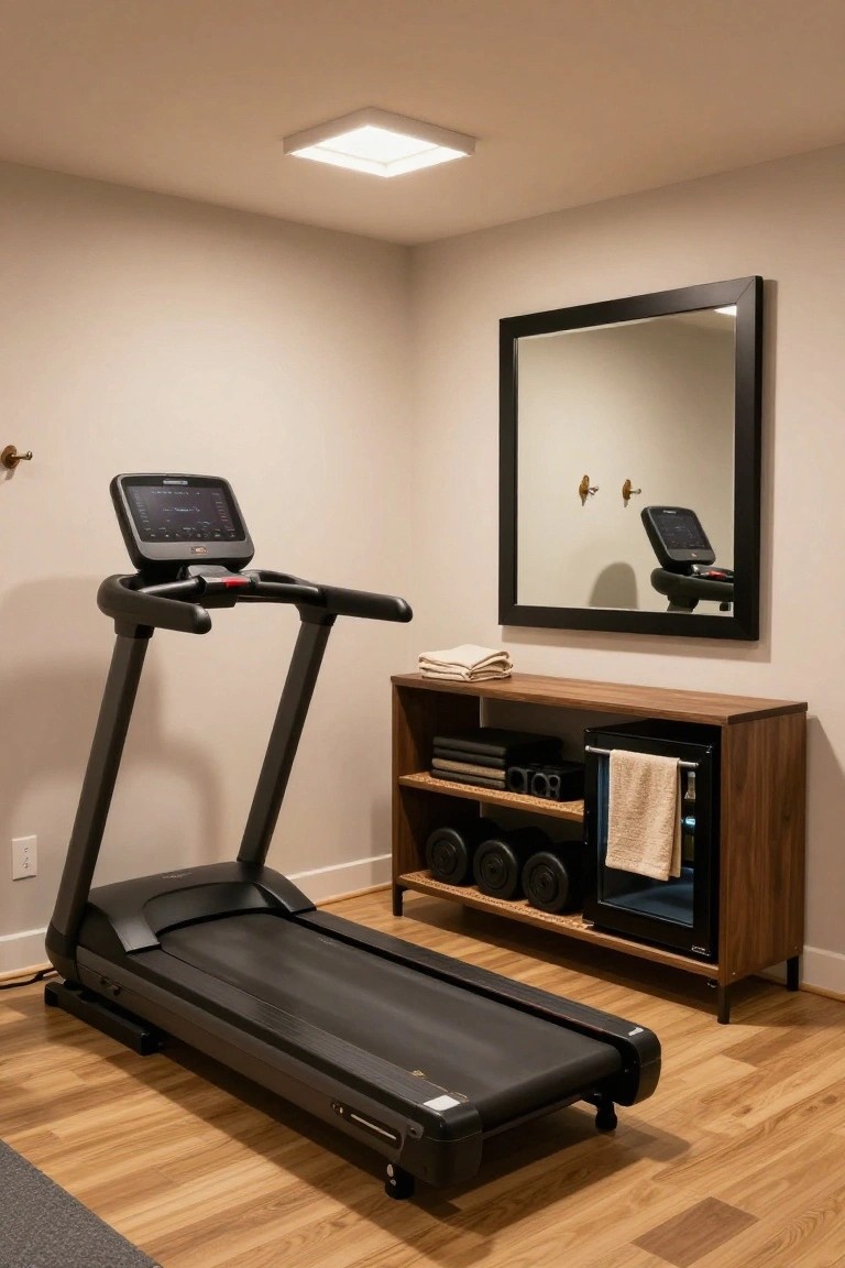 A basement corner with a black treadmill facing a large black-framed wall mirror, next to a wooden cabinet holding weights, towels, books, and a mini fridge on hardwood floors under soft ceiling lighting.