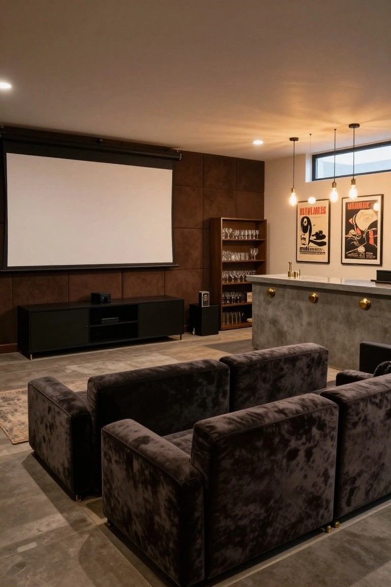 Basement home theater room with large white projector screen on wood-paneled wall, row of four dark gray velvet upholstered theater seats, black media console holding projector, concrete bar counter with gold knobs and glassware shelves, pendant lights, and wall posters.