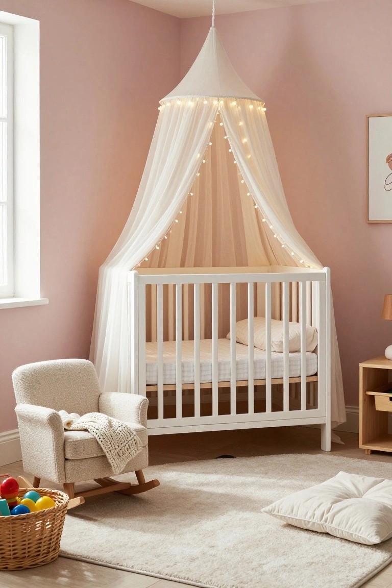 White crib with sheer white canopy and fairy lights suspended from ceiling in pink-walled nursery, rocking chair with blanket nearby, basket of colorful toys on floor, beige rug and floor cushion.