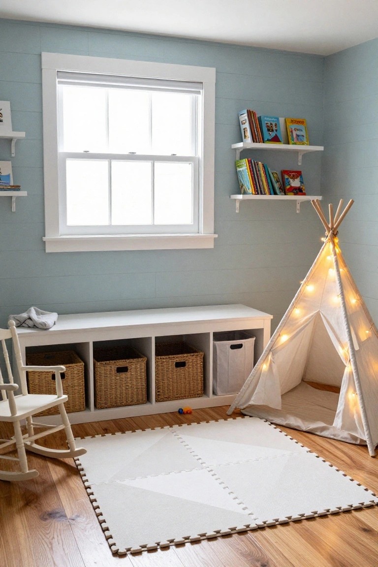 Light blue paneled child's bedroom with white teepee tent lit by string lights on foam mats, white storage bench with wicker baskets, bookshelves, rocking chair, and hardwood floors.