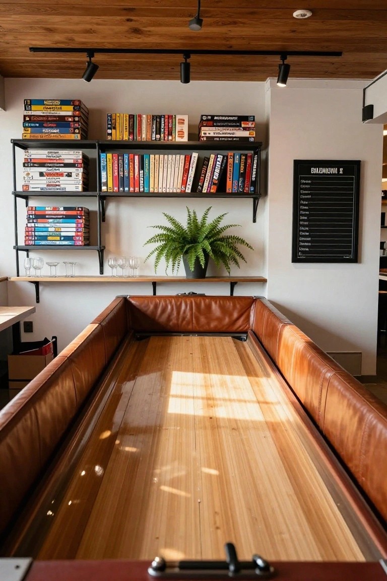 Wooden foosball table sunken into tan leather benches in a room with black metal shelves holding stacked board games and DVDs, a potted fern plant, glassware on a shelf, and a chalkboard on the wall.
