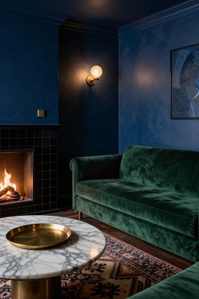 Corner of a living room with textured navy blue walls, black-tiled fireplace with burning logs, curved emerald green velvet sofa, round white marble coffee table with brass tray and legs, brass wall light, and patterned rug on wood floor.