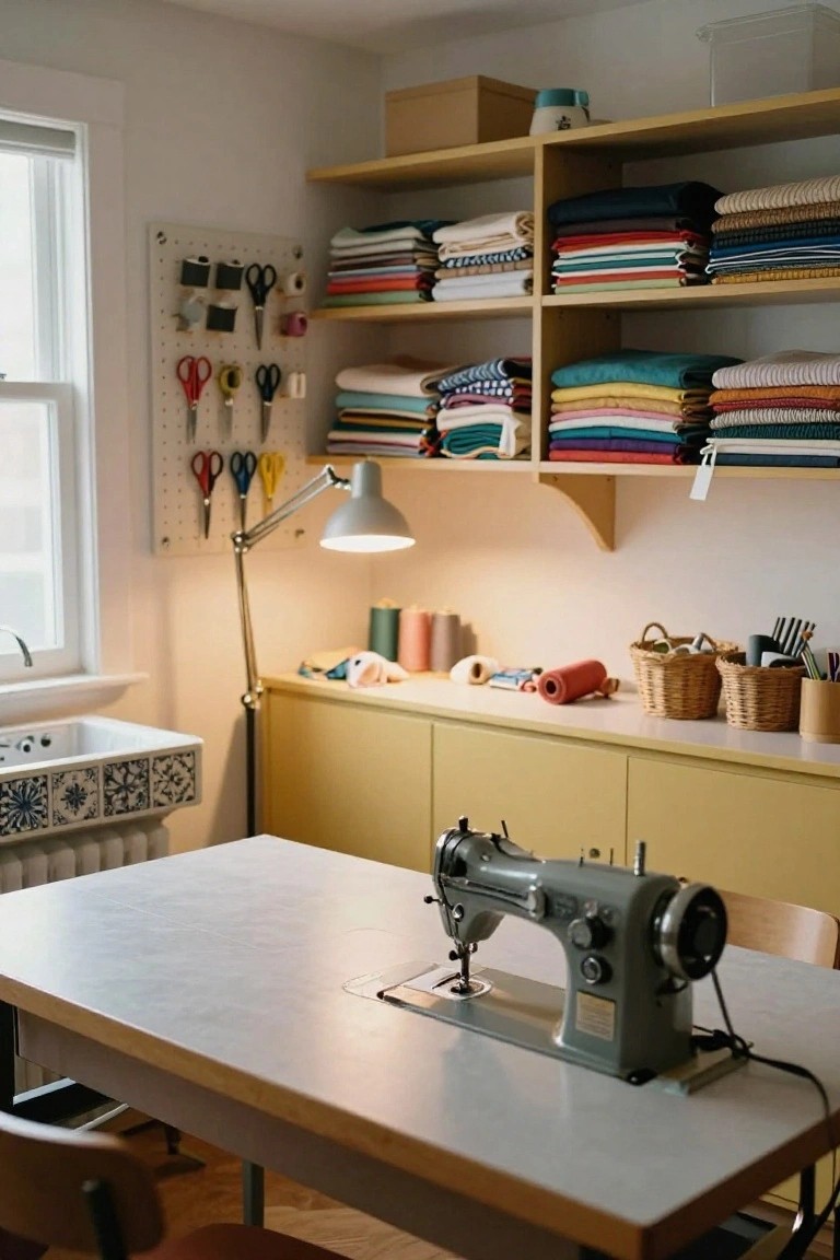Sewing room interior with open wooden shelves stocked with folded colorful fabrics, pegboard wall displaying scissors and tools, gray sewing machine on white table, yellow lower cabinets, adjustable lamp, and sink nearby.