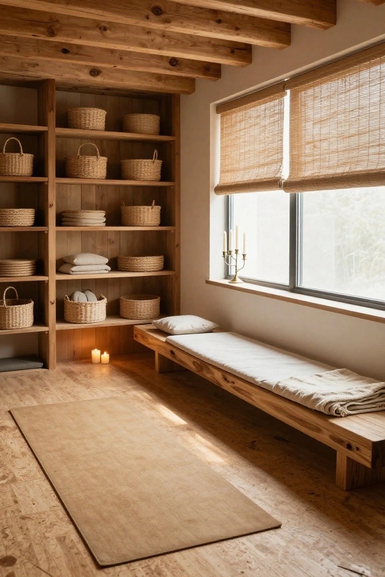 Wooden interior room with exposed beam ceiling, tall open shelves filled with woven baskets and folded linens, low wooden bench with white bedding and blanket, bamboo blinds on windows, and two lit candles on the floor.