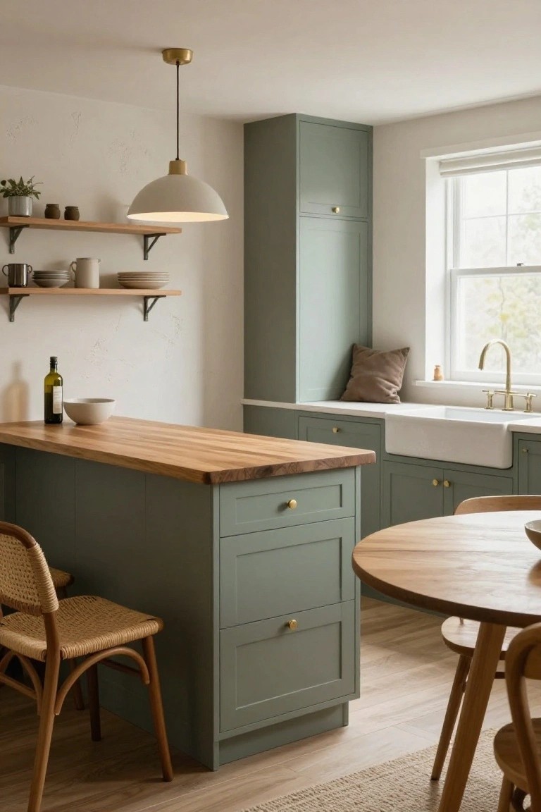 Kitchen with tall sage green cabinets, wooden island countertop, white farmhouse sink, brass faucet, wooden dining table, rattan chairs, and open wooden shelves on white walls.