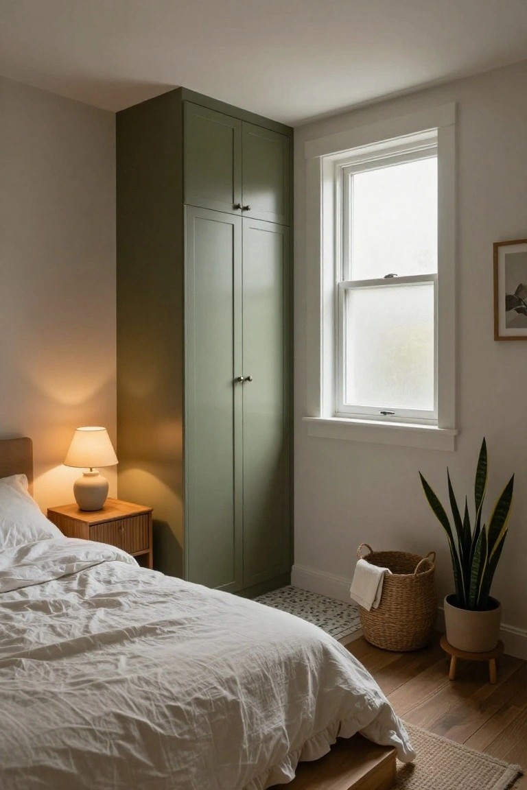 Cozy bedroom featuring a green cabinet, wooden furniture, potted plants, and soft lighting.