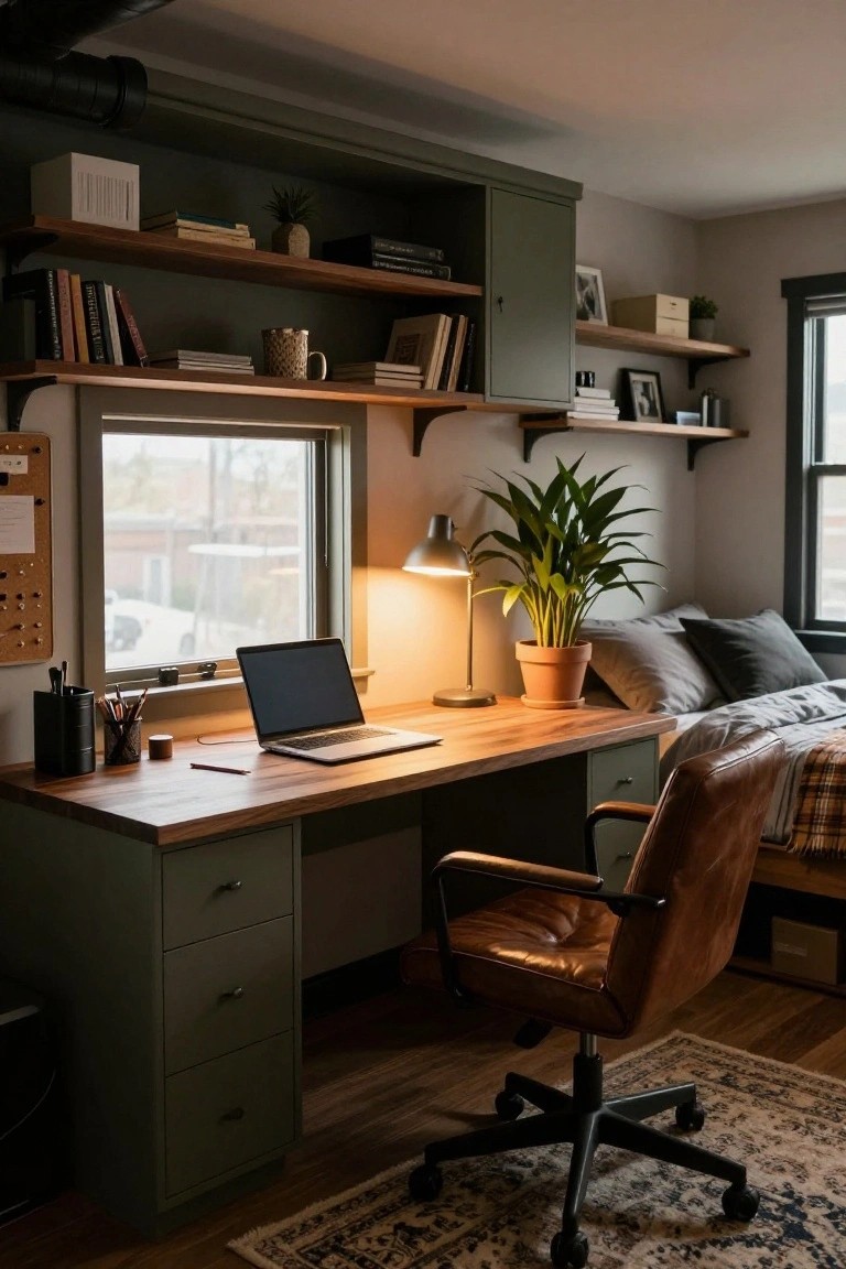 A wooden-top desk with sage green cabinets and drawers sits in a cozy room with bookshelves, a leather chair, potted plants, a lamp, corkboard, and bed nearby.