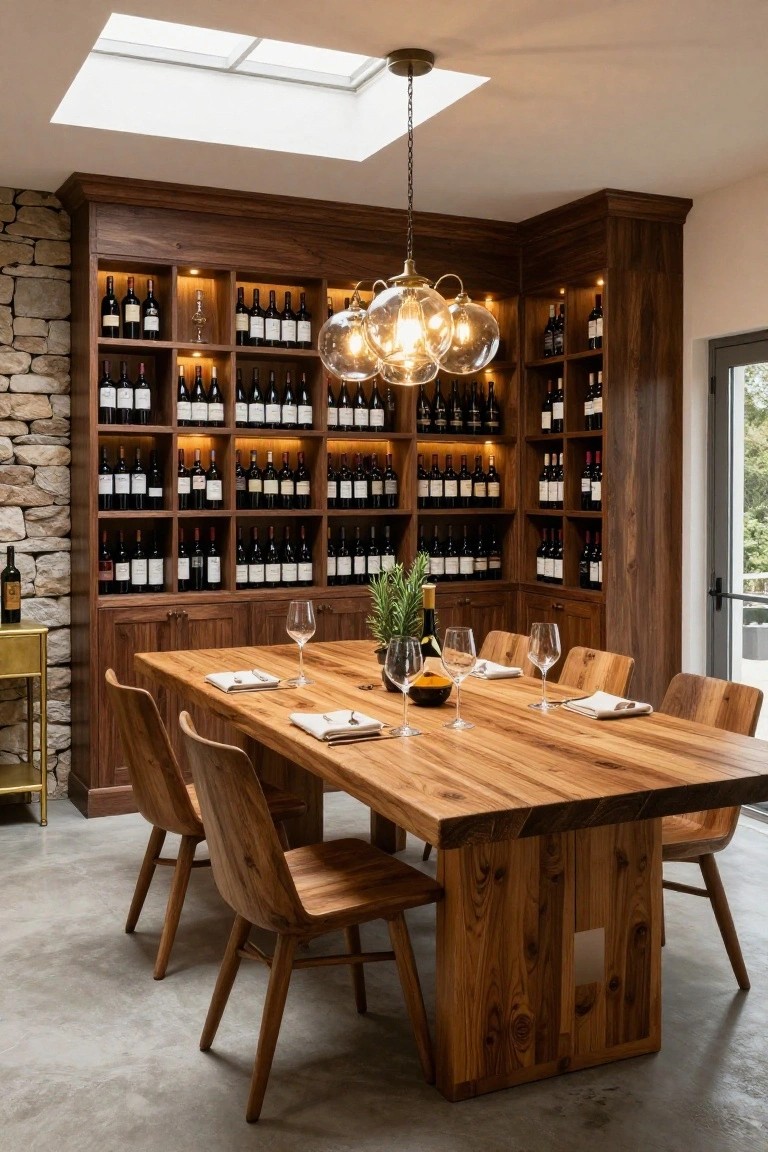 A corner wooden cabinet with lit shelves displaying numerous wine bottles against a stone wall, next to a rectangular wooden dining table set with plates, glasses, and chairs in a basement room with polished concrete floor and skylight.