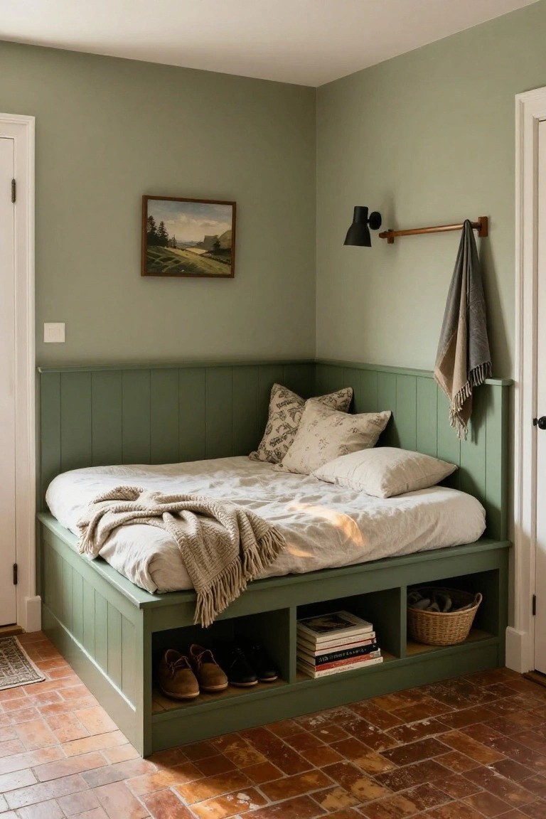 Corner built-in wooden daybed painted sage green with white sheets, pillows, and knit throw, open lower cubbies holding books, suede shoes, and woven basket, against matching green paneled walls on terracotta tile floor.