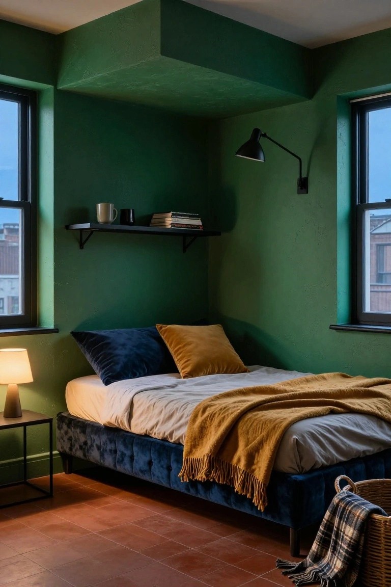 Bedroom corner with dark green textured walls, navy tufted velvet daybed with white sheets, mustard yellow pillows and throw, black floating shelves holding books and mug, table lamp on black stand, and large black-framed windows.