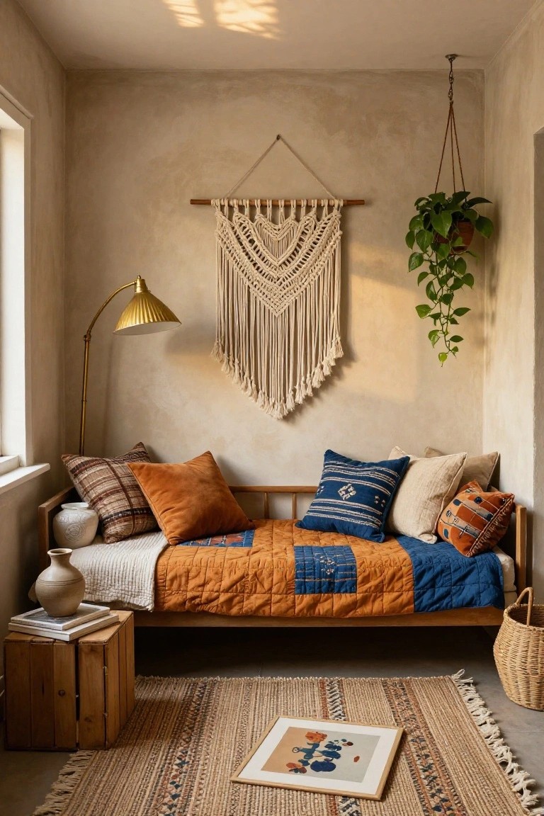 Wooden daybed against beige wall with gray sheet, orange and blue patchwork quilt, assorted pillows in plaid rust orange navy and terracotta patterns, white vase on wooden crate table, gold floor lamp, macrame wall hanging, hanging potted plant, jute rug, and framed artwork in small room.