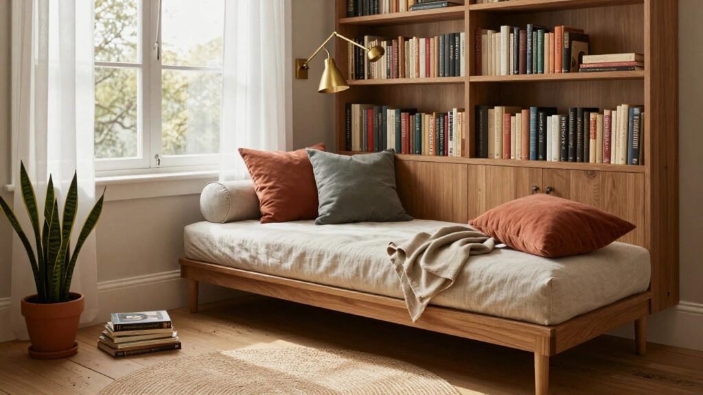 19 Unique Daybed Reading Nook Ideas Worth Copying Corner daybed with light oak built-in bookshelves on two walls, neutral linens and pillows on the bed, snake plant in a pot, round seagrass rug, and stack of books on wooden floor next to large window in beige room.