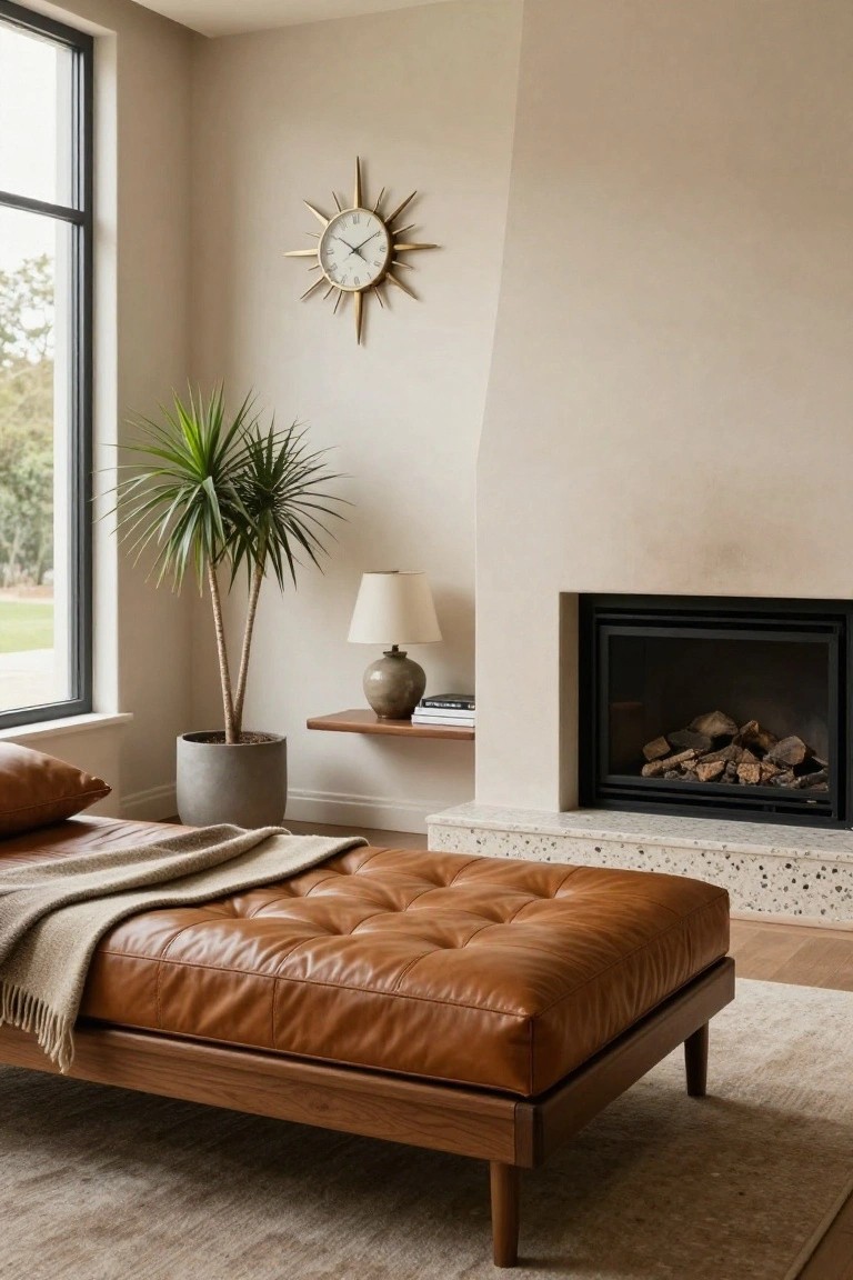 A tufted cognac leather daybed with gray throw blanket sits in front of a black fireplace in a light beige room, next to a potted palm plant and large window.