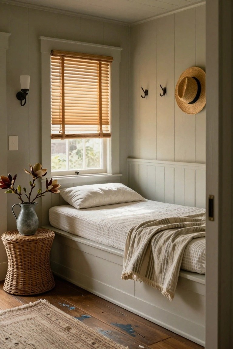 Small interior room with pale paneled walls, a white built-in platform daybed topped with white pillow and beige throw, wicker side table holding metal vase of muted flowers, window with wooden blinds, and straw hat on wall hooks.