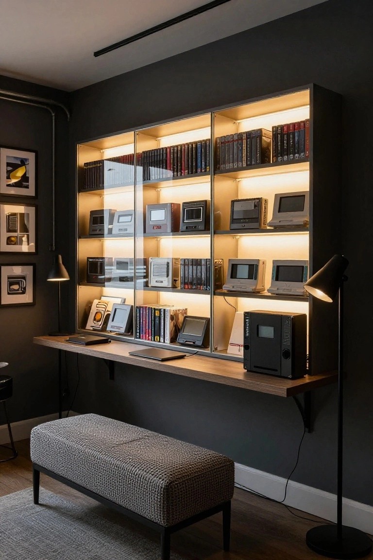 Dark interior room with wall-mounted glass display cabinets lit from behind, filled with retro computers, monitors, gaming consoles, VHS tapes, and bookshelves, plus a floating wooden desk and gray upholstered bench below.