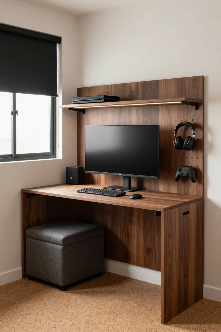 Corner walnut wood desk unit with upper shelf holding PlayStation console, desk surface with monitor keyboard mouse and speaker, peg hooks with headphones and controller, and gray stool nearby in a light room with black blind and cork floor.