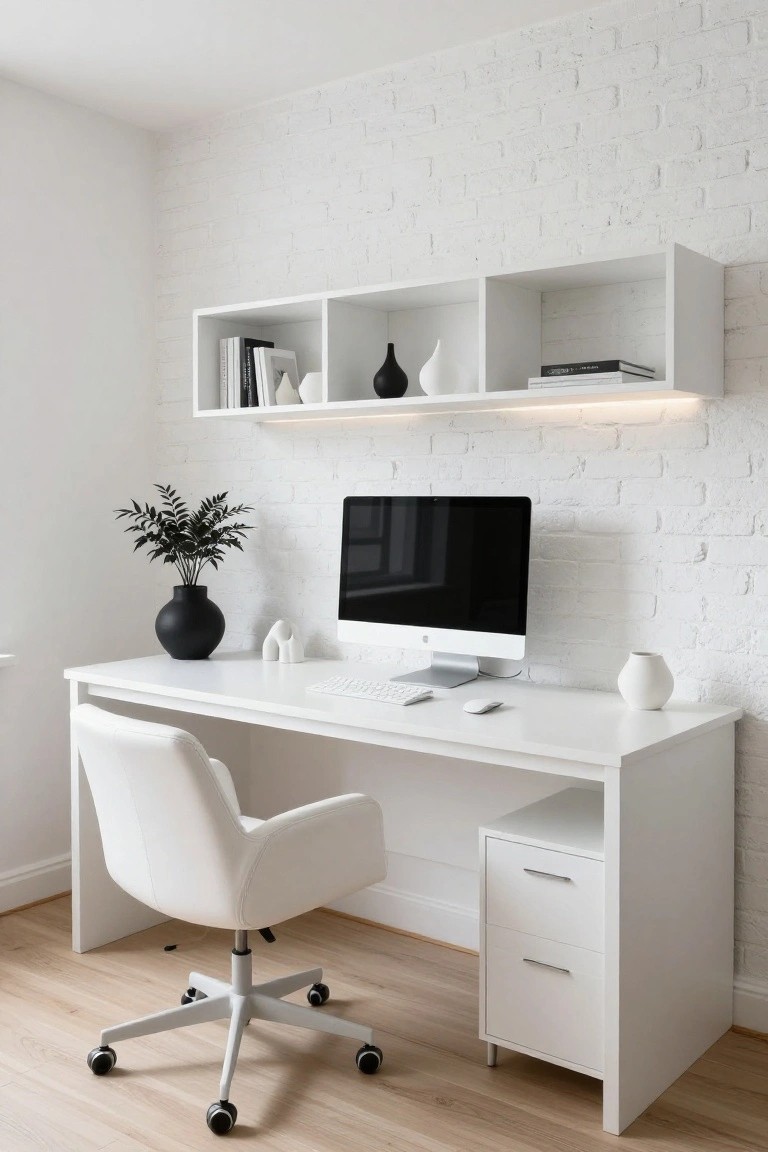 Modern home office featuring a white brick accent wall, white floating shelves with books and vases above a white desk with an iMac monitor, keyboard, mouse, white vases, and plants, plus a white swivel chair on light wood flooring.