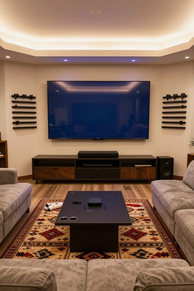 Modern interior of a gaming room with a large wall-mounted TV showing a blue screen, black horizontal rod racks mounted on walls beside the TV, dark wood media console with AV equipment below, gray L-shaped sofas, black coffee table with cup holders, patterned rug, and recessed ceiling with LED lighting.