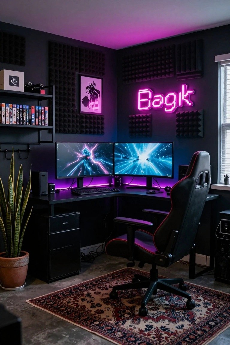 Dark corner room with black L-shaped desk holding two large gaming monitors showing a blue sci-fi game, purple RGB underlighting, black gaming chair, neon pink