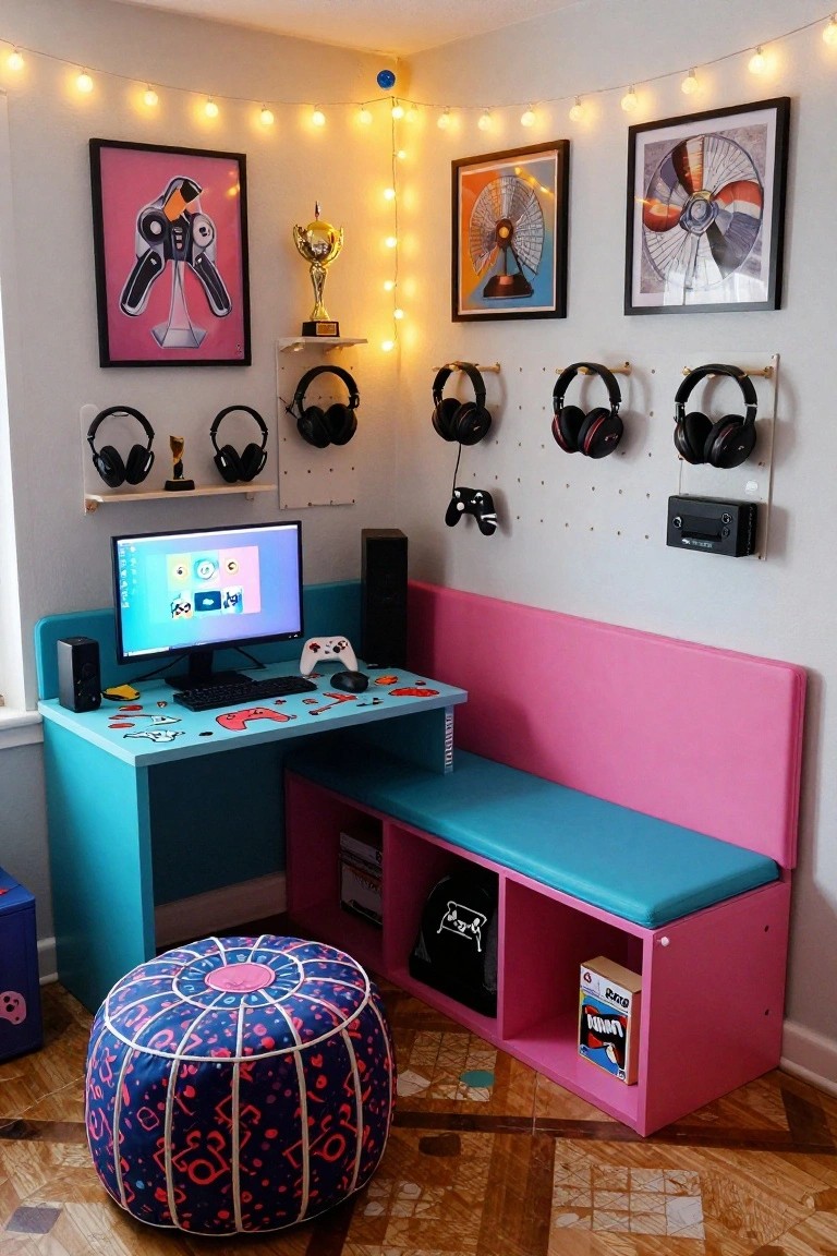 Colorful corner indoor gaming setup with turquoise desk holding monitor and keyboard, pink bench with blue cushion and storage cubbies, multiple black headsets on wall racks, gaming posters, trophy shelf, and string lights.