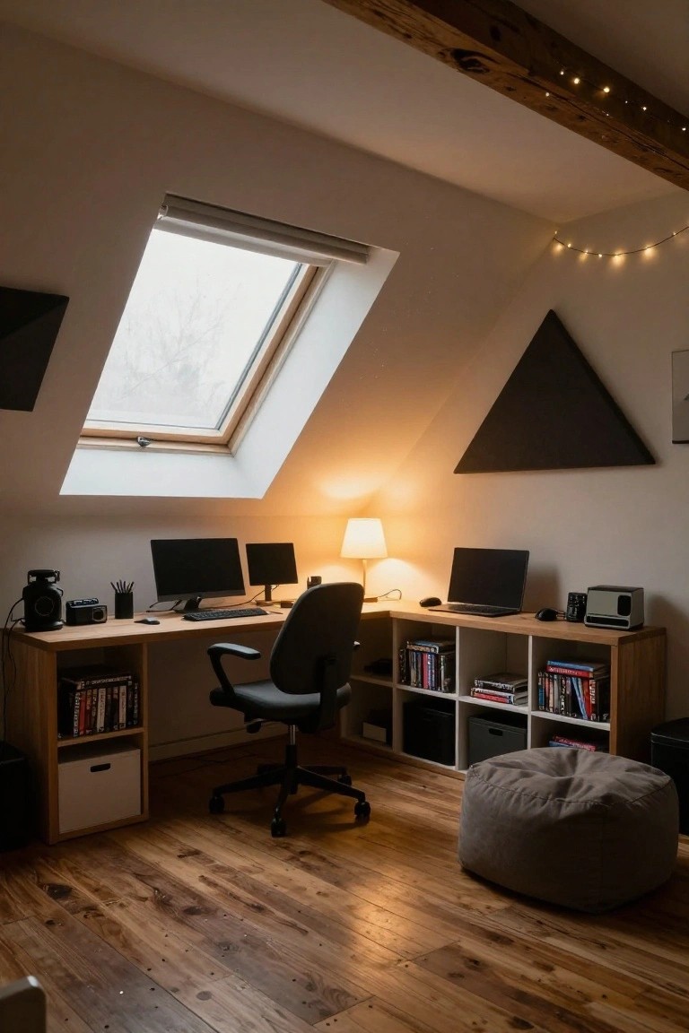 Attic room with sloped white ceilings and skylight, featuring an L-shaped wooden desk setup with two monitors, a laptop, ergonomic chair, bookshelves stocked with DVDs, desk lamp, string lights, black triangle wall art, and a gray pouf on hardwood floors.